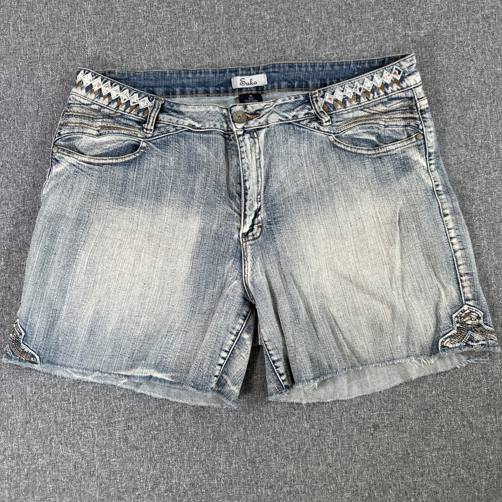 Suko Embroidered Denim Shorts Women's Size 16 Blue Stretch Jean Shorts Boho‎